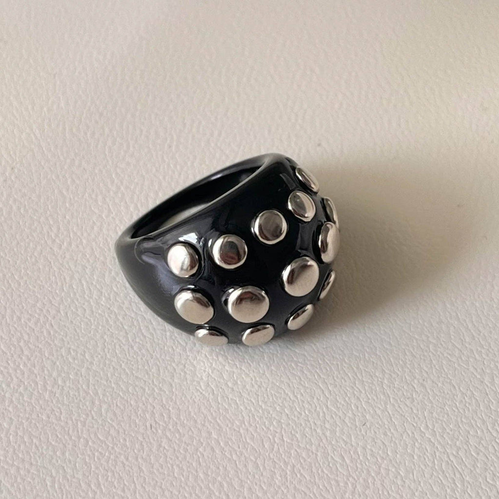 Infusion Archive The Sovereign Studded Dome Resin Ring Statement Black and Silver Band