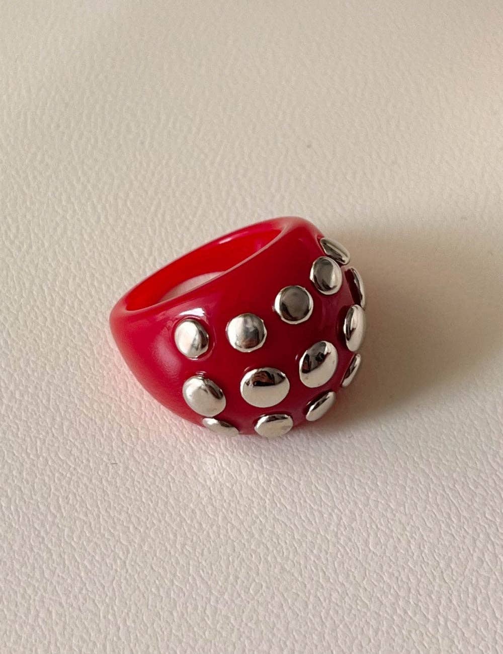 Infusion Archive The Sovereign Studded Dome Resin Ring Statement Red  and Silver Band