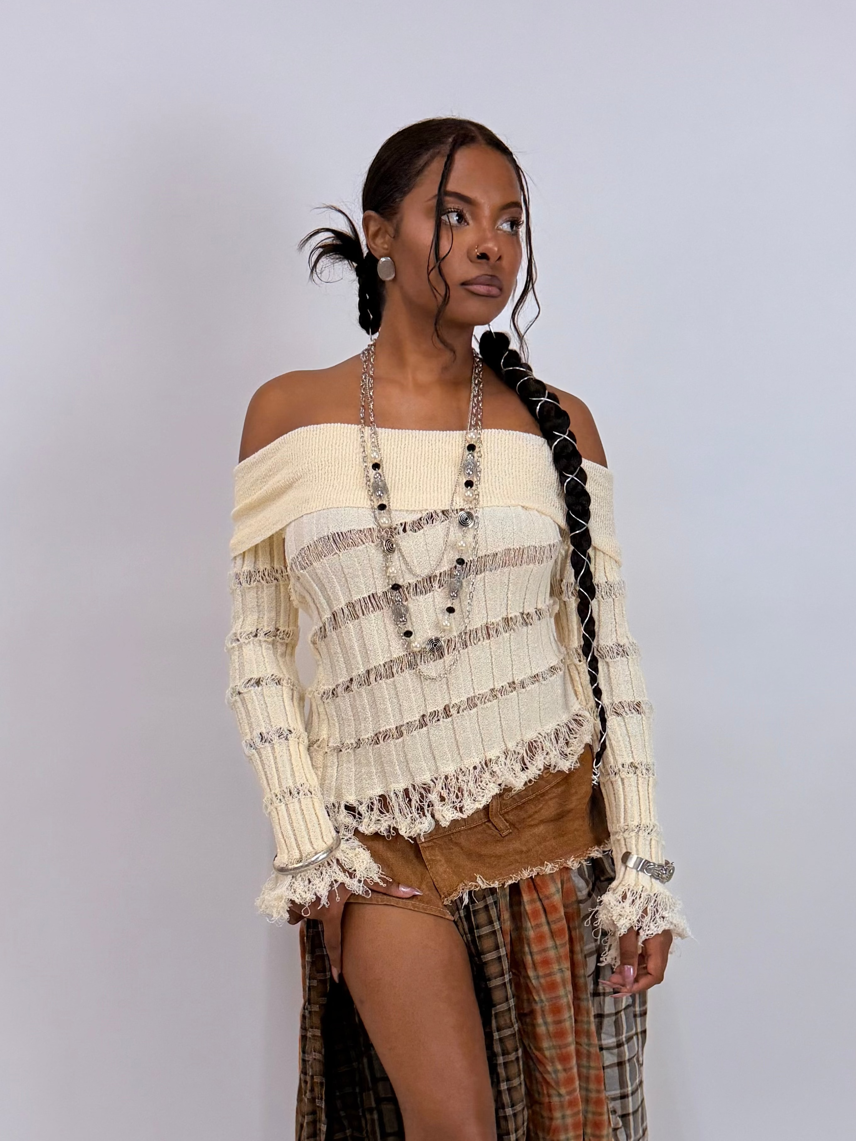Infusion Archive The Nocturne Fringe Off Shoulder Knit Cream Beige Sweater 