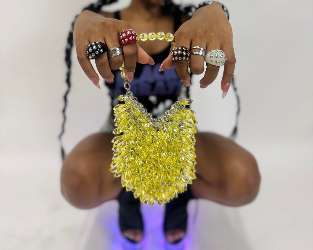 Infusion Archive The Sovereign Studded Dome Resin Ring Statement Full Set and The Prism Crystal Teardrop Handbag