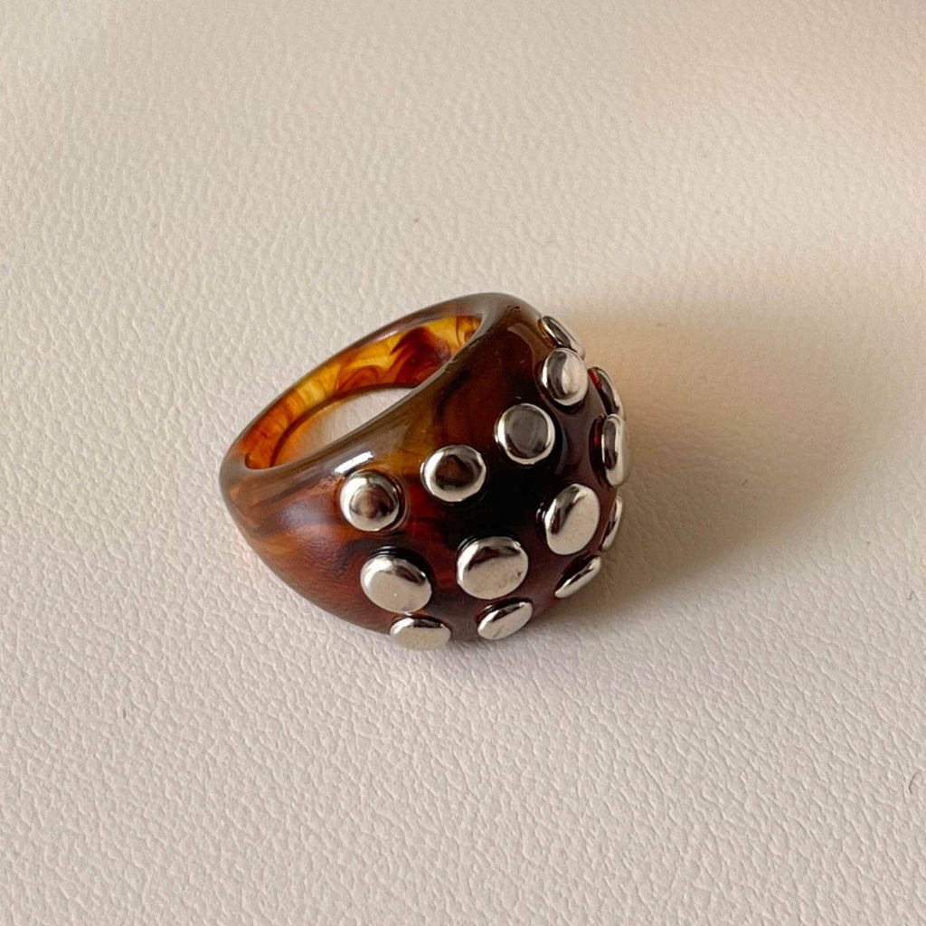 Infusion Archive The Sovereign Studded Dome Resin Ring Statement Brown and Silver Band
